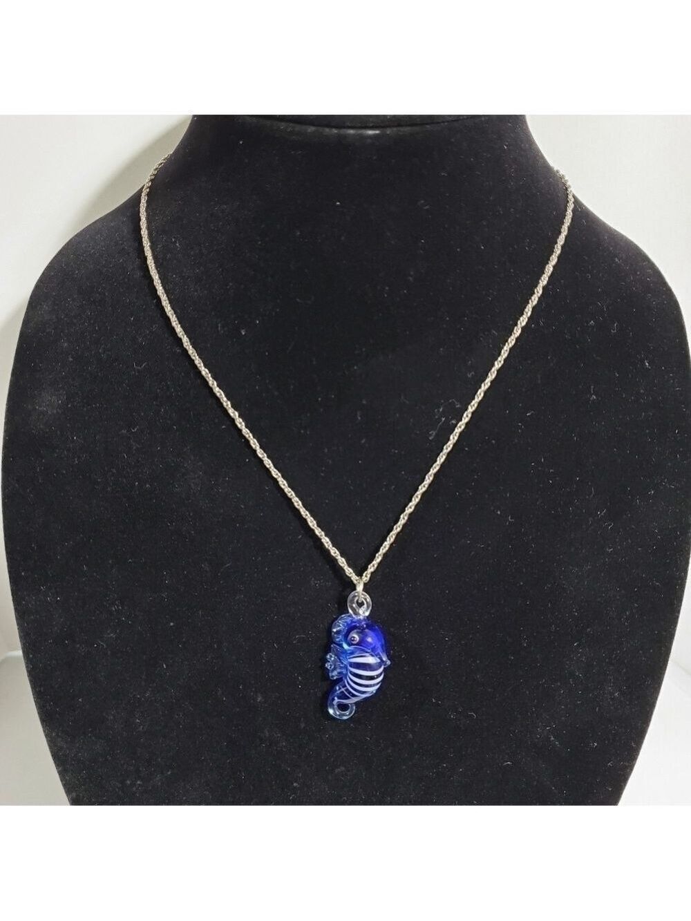 Hand-blown glass Seahorse pendant Silvertone necklace 19"